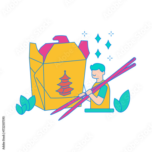 Chinese Takeaway. Person holding chopsticks with chinese takeout box isolated on transparent background.