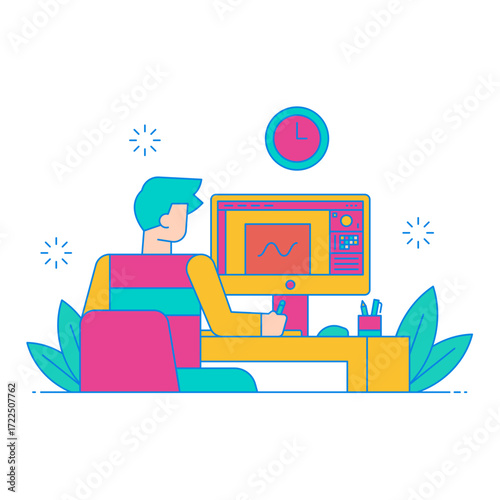 Designer Man. Graphic designer working on computer at desk isolated on transparent background.