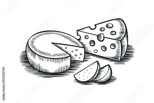 Wholesome cheese portions and wedges with holes. Vector hand drawn illustration