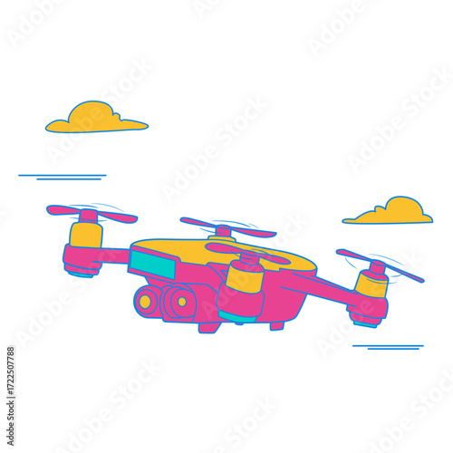 Drones. Colorful cartoon drone flying with clouds isolated on transparent background.