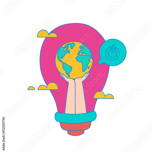 Earth Hour. Hands holding planet earth inside a lightbulb with power button symbol isolated on transparent background.