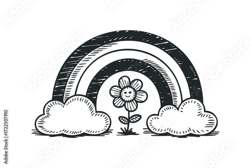 Hand drawn smiling flower with rainbow and clouds. Vector hand drawn illustration