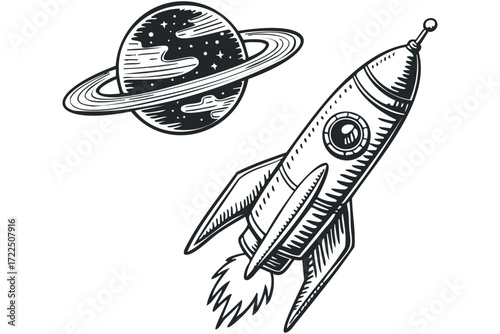 Retro rocket ship traveling past a ringed planet in outer space. Vector hand drawn illustration