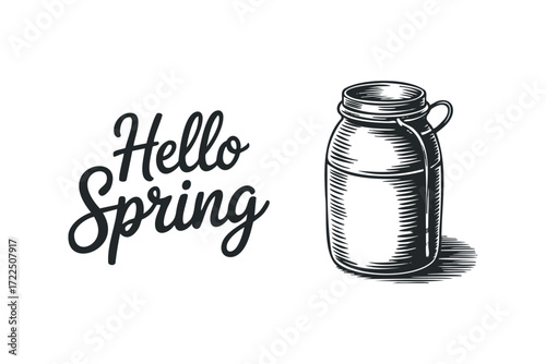 Hello Spring Text with Vintage Jar Graphic. Vector hand drawn illustration