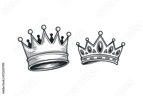 Two detailed line drawing crowns with vintage style shading. Vector hand drawn illustration