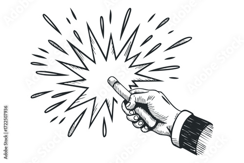 Finger pressing button with explosion effect. Vector hand drawn illustration