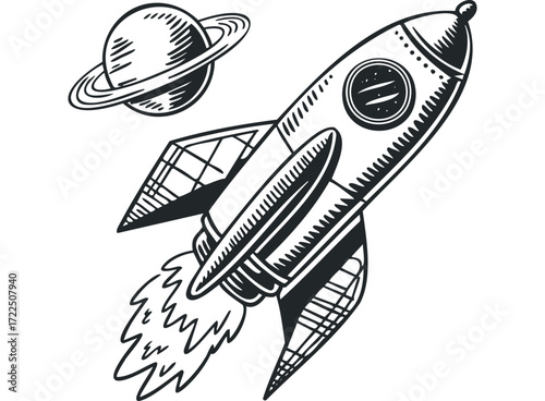 Sketch of a rocket ship with flames and a planet. Vector hand drawn illustration