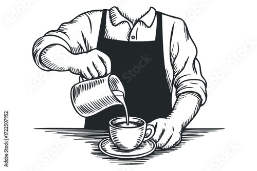 Barista pours milk into coffee cup in engraving style. Vector hand drawn illustration