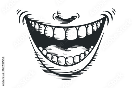 Grinning Mouth With Many Teeth And Open Jaw. Vector hand drawn illustration