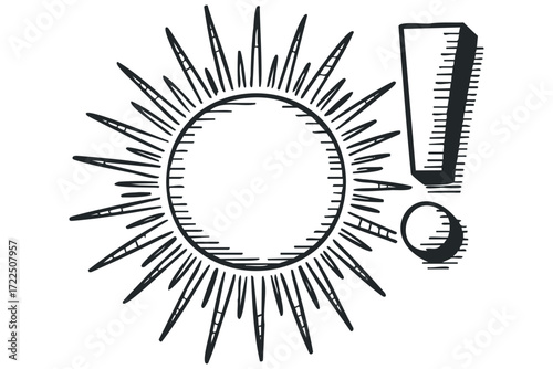 Drawn Sun and Exclamation Mark Symbol. Vector hand drawn illustration