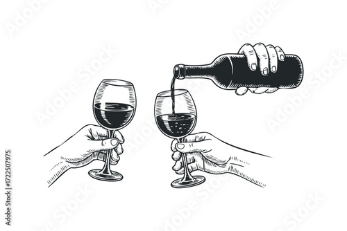 Hand pouring red wine from bottle into glass held by another hand. Vector hand drawn illustration