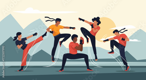 Diverse Group of Martial Artists Practicing Dynamic Kicks and Punches.