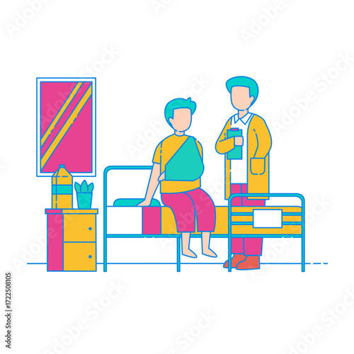 Healing Someone. Doctor consulting patient with arm sling in hospital room isolated on transparent background.