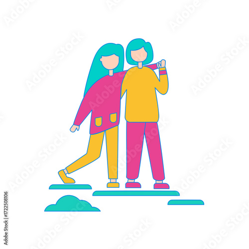 Helping Someone. Two friends walking together with arms around each other isolated on transparent background.