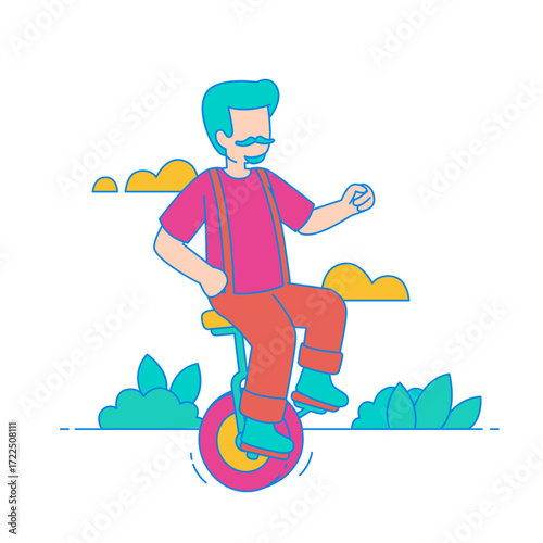 Hipster on Unicycle. Man with mustache riding a unicycle with clouds and plants isolated on transparent background.