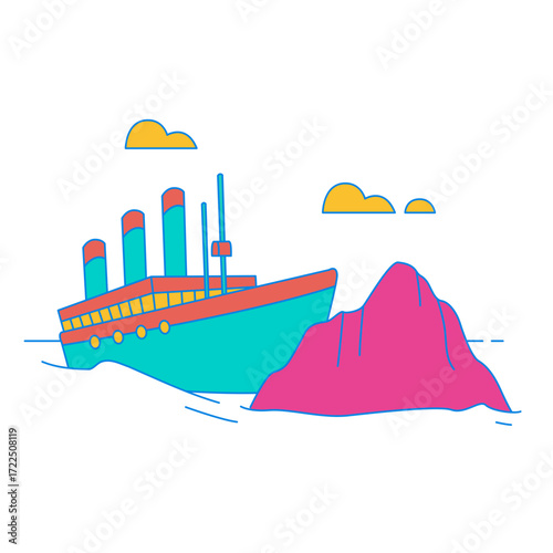 HMS Titanic Sinking. Stylized ship and iceberg illustration isolated on transparent background.