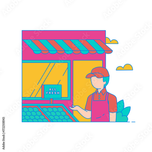 Independent Grocer. Grocer standing in front of a store with fresh produce isolated on transparent background.
