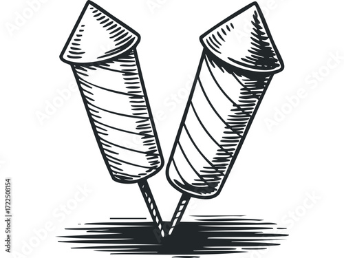Two Firework Rockets Sketch. Vector hand drawn illustration