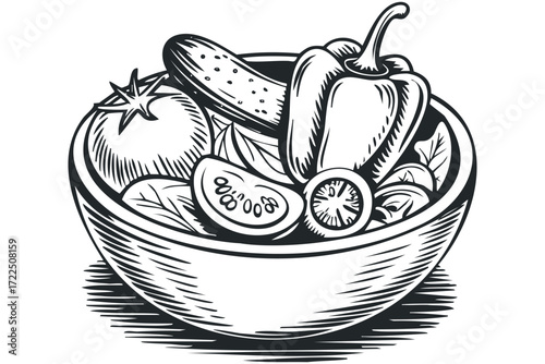 Fresh Garden Vegetables in a Bowl. Vector hand drawn illustration