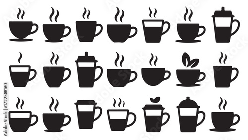 collection of black silhouette icons depicting various tea 