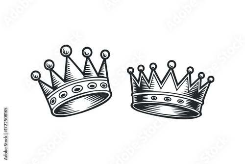 Two vintage crowns on a white background. Vector hand drawn illustration