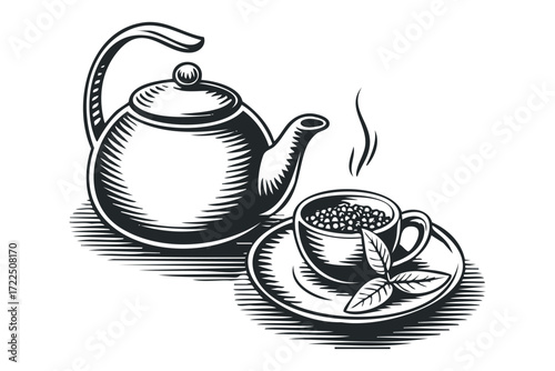 Hot steeping tea in cup with kettle and leaves. Vector hand drawn illustration