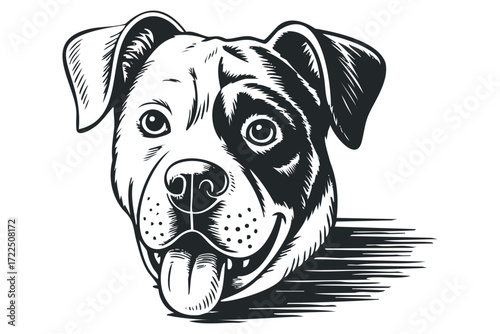 Happy dog face with tongue out and speckled nose. Vector hand drawn illustration