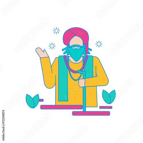 Indian Fakir in India. Indian man with turban and beard holding a staff isolated on transparent background.