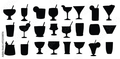 collection of cocktails silhouette hand drawn glass vector