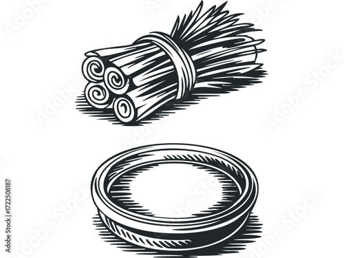 Bundled cinnamon sticks and a round bowl illustration. Vector hand drawn illustration