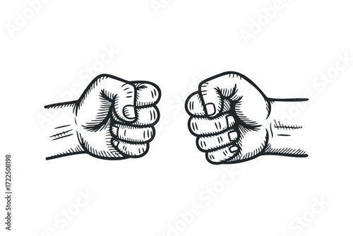 Two Fists Facing Each Other In A Hand Drawn Style. Vector hand drawn illustration