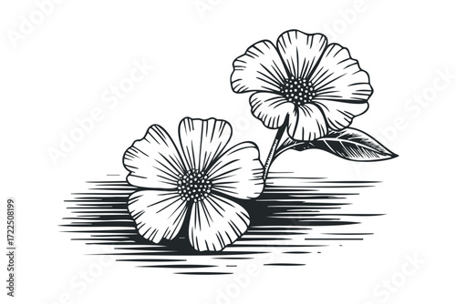 Two delicate flowers with leaves rendered in linocut style. Vector hand drawn illustration