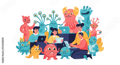 Diverse group of people and colorful monsters collaborating on laptops.