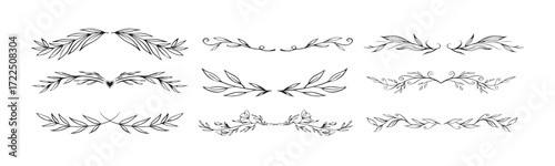 Collection of floral and leaves line art isolated on white background. Divider doodle leaf and flowers, nature border decorative element vector illustration