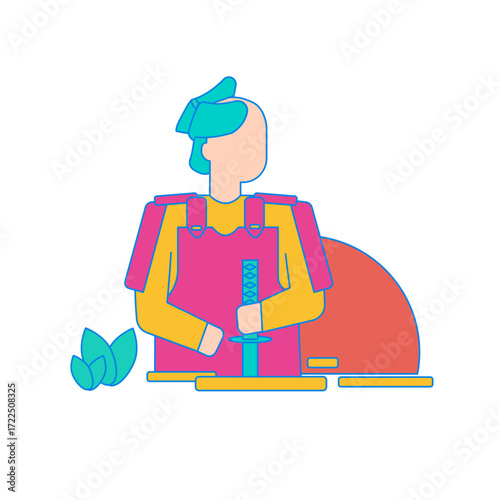 Japanese Samurai. Stylized warrior with sword and leaves isolated on transparent background.