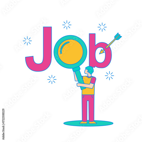 Job Hunting. Person searching for job with magnifying glass and arrow isolated on transparent background.