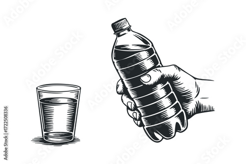 Hand holding plastic bottle near glass of water. Vector hand drawn illustration