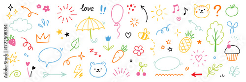 Wallpaper Mural Line cute element set. Hand drawn scribble heart, arrow, flower and cloud elements for a cute line simple background. Doodle sketch heart, star, cloud cartoon sticker shapes. Vector illustration Torontodigital.ca