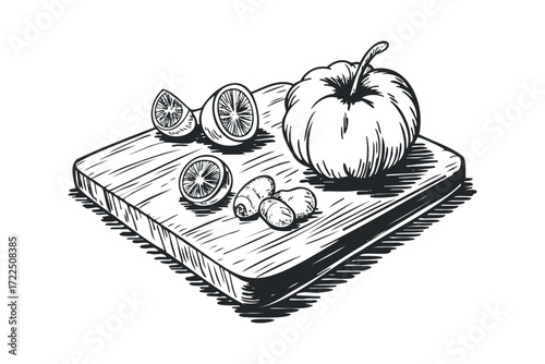 Black and white sketch of pumpkin and citrus on wooden board. Vector hand drawn illustration