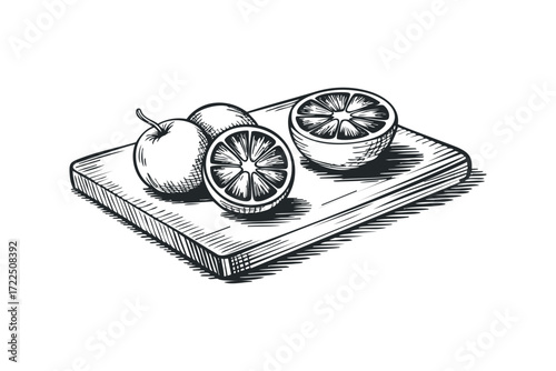 Whole and sliced lemons on a wooden cutting board. Vector hand drawn illustration