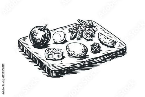 Hand-drawn sketch of ingredients on wooden board. Vector hand drawn illustration
