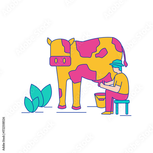 Milking Cow. Farmer milking a cow with pink and yellow spots isolated on transparent background.