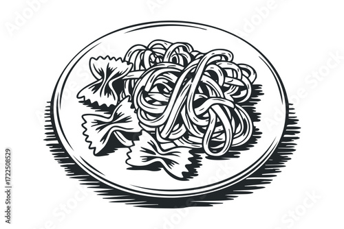 Plate of Farfalle and Spaghetti Pasta. Vector hand drawn illustration