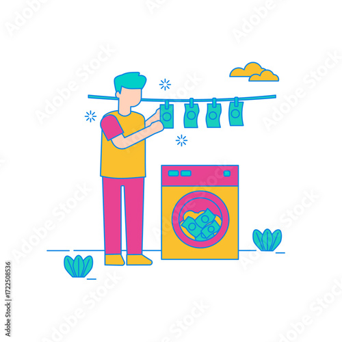Money Laundering. Man washing money with washing machine and drying on clothesline isolated on transparent background.
