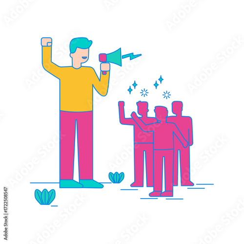 Motivating Team. Man with megaphone addresses a crowd of people isolated on transparent background.