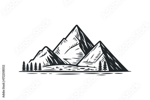 Majestic mountain range with evergreen trees and rolling landscape. Vector hand drawn illustration