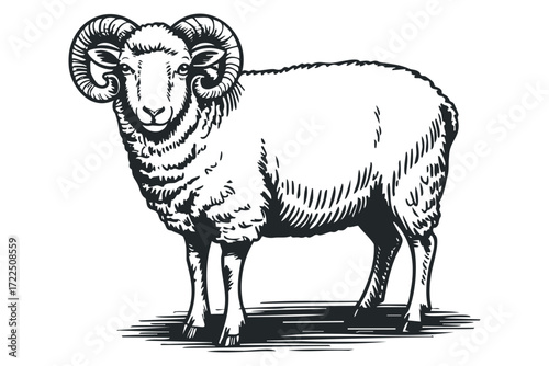 Ram With Large Horns Standing. Vector hand drawn illustration