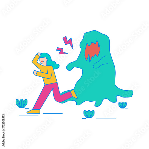 Monster. Woman running from a monster isolated on transparent background.