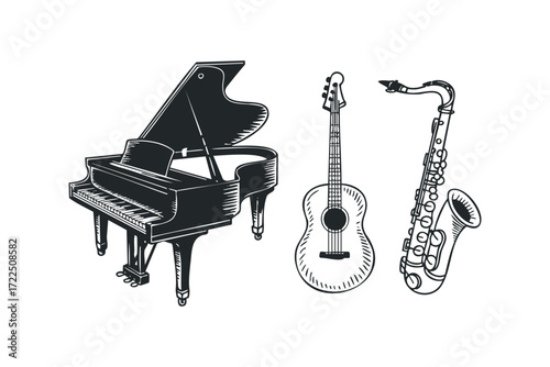Grand Piano Acoustic Guitar and Saxophone Collection. Vector hand drawn illustration