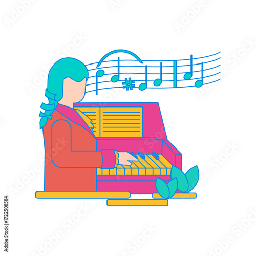 Mozart. Baroque composer playing harpsichord with musical notes isolated on transparent background.